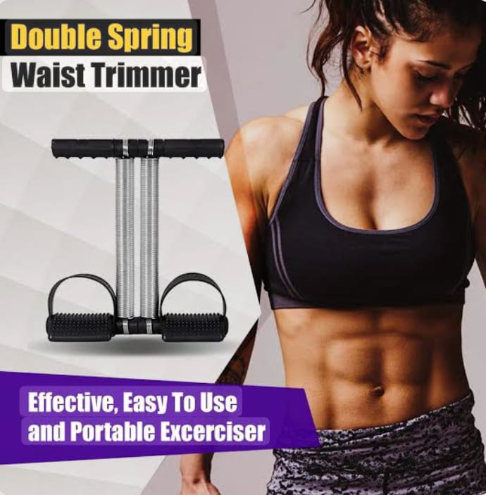 Woman with a toned waist using a double spring waist trimmer with promotional text.