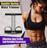 Woman with a toned waist using a double spring waist trimmer with promotional text.