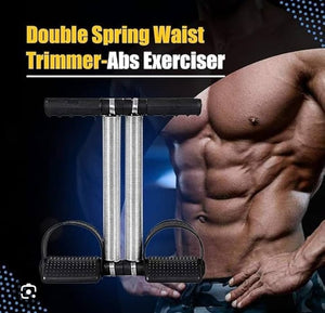 Woman with a toned waist using a double spring waist trimmer with promotional text.