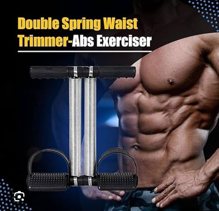 Double Spring Waist Trimmer-Abs Exerciser with a muscular person in the background